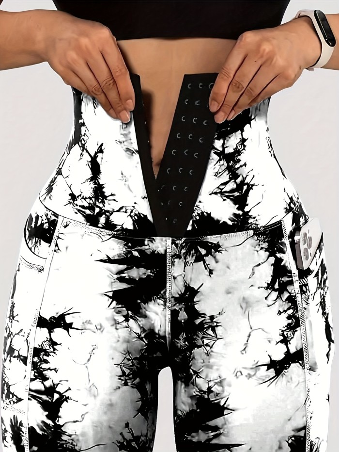 Women'S High-Waist Tie-Dye Print Waist Trainer with Butt Lifting Pockets and Front Buttons