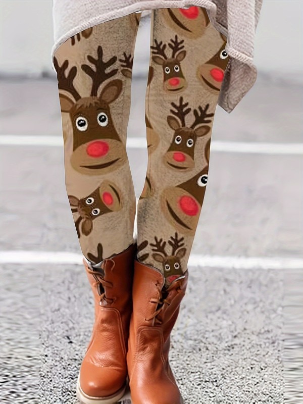 Vibrant Style Plus Size Women's Festive Reindeer Print High-Waist Yoga Pants - Stretchy, Comfortable Polyester Activewear Leggings for Running & Fitness, Workout Leggings