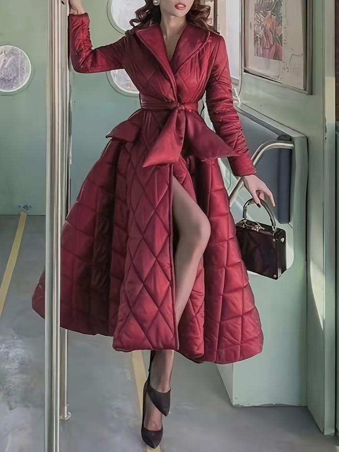 Women's Elegant A-Line Silhouette Long Sleeve Coat Dress with Belt Detail & Flared Hem