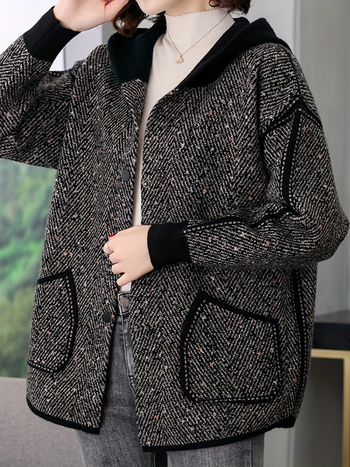 Polyester Casual Hooded Long Sleeve Regular Length Loose Fit Single Breasted Button Front Placket Jacket for Middle-Aged Women, Spring and Autumn