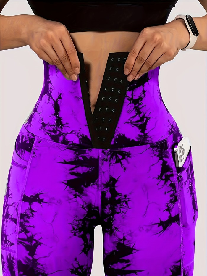 Women'S High-Waist Tie-Dye Print Waist Trainer with Butt Lifting Pockets and Front Buttons