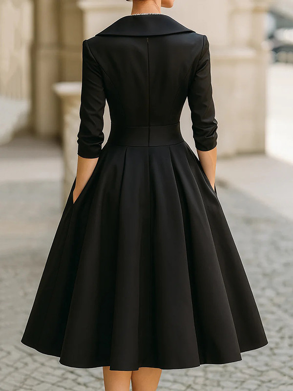 Solid Color Pockets Pleated Three-Quarter Sleeves A-Line V-Neck Midi Dresses