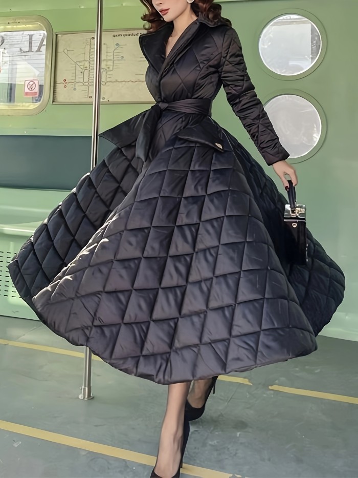 Women's Elegant A-Line Silhouette Long Sleeve Coat Dress with Belt Detail & Flared Hem