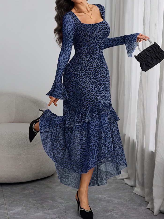 Women's Leopard Print Square Neck Long Dress with Ultra-Long Flared Sleeves & Side Slit