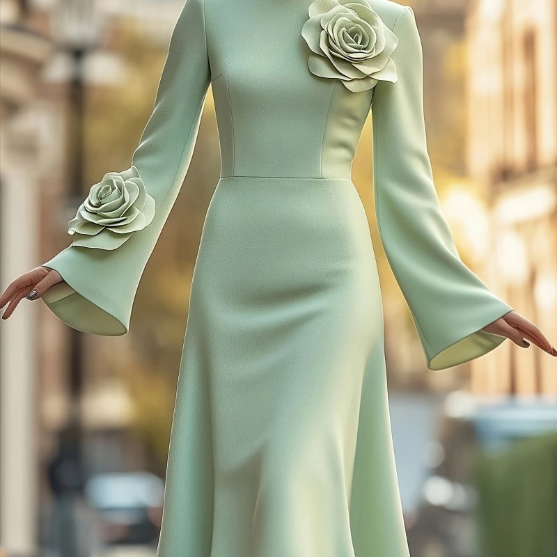 Women'S Elegant Floral Round Neck Solid Color Long Sleeves Fitted A-Line Midi Dress