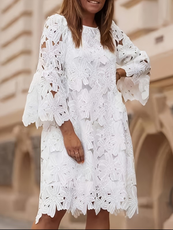 Women'S Floral Lace-Trimmed Casual Round Neck Long Sleeve Dress
