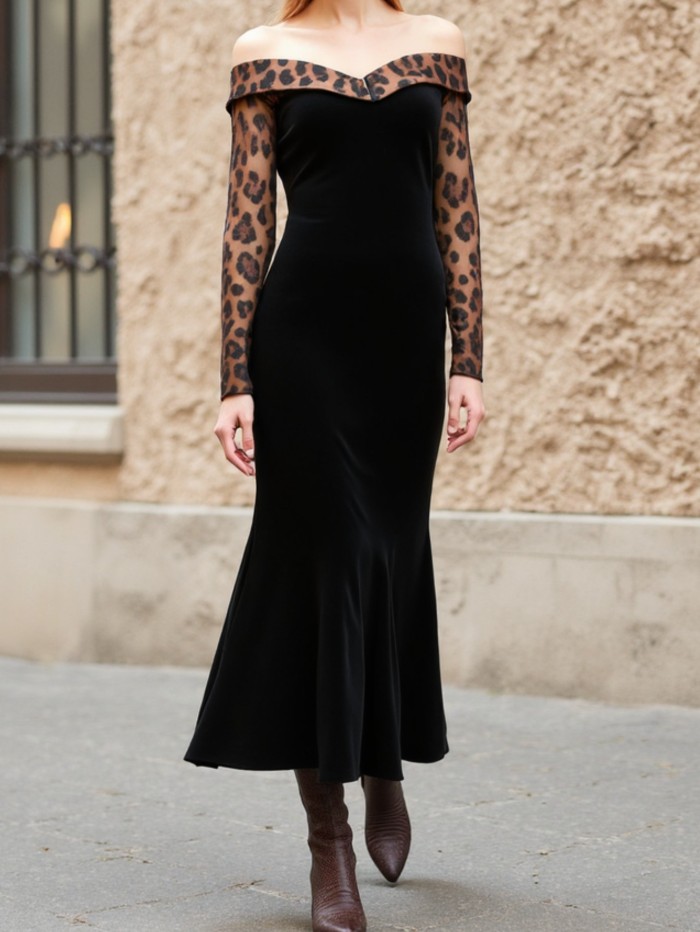 Women'S Elegant Off-Shoulder Leopard Print Velvet Dress - Formal Party Evening Gown with Contrast Collar, Long Sleeve A-Line Silhouette