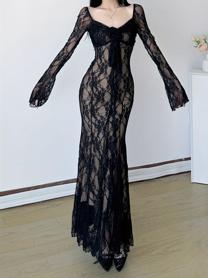 French-Inspired  Square Neck Semi-Sheer Long Sleeve Bodycon Lace Ruffles Dress