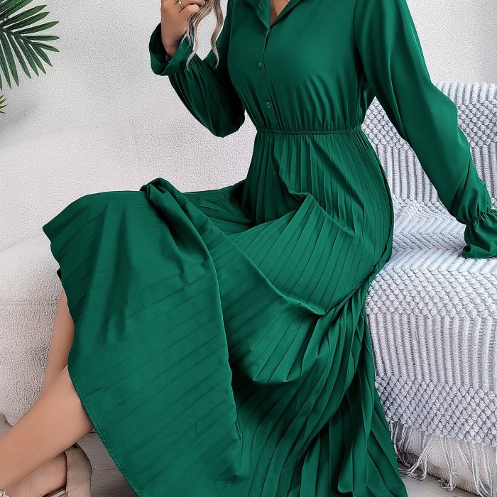 Women'S Elegant Casual Collared Button-Front Long Sleeve A-Line Maxi Dress