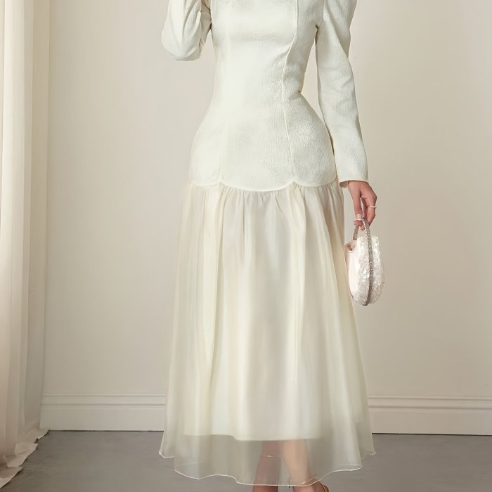 Jacquard Chiffon Dress YT Women's Jacquard Chiffon Dress | Square Neck Long Sleeve Patchwork Mermaid Elegant