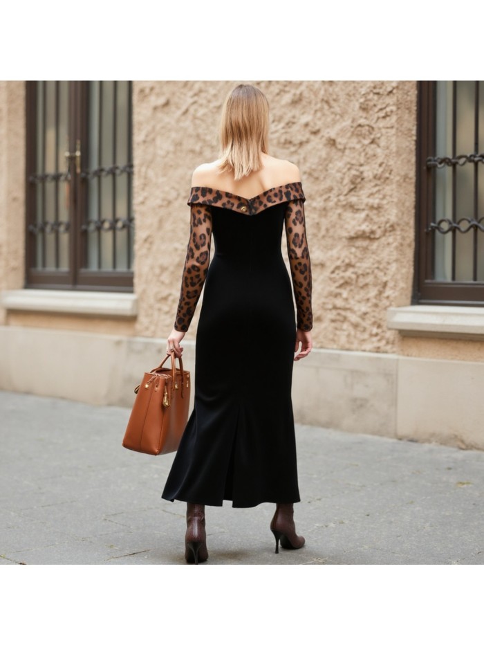 Women'S Elegant Off-Shoulder Leopard Print Velvet Dress - Formal Party Evening Gown with Contrast Collar, Long Sleeve A-Line Silhouette