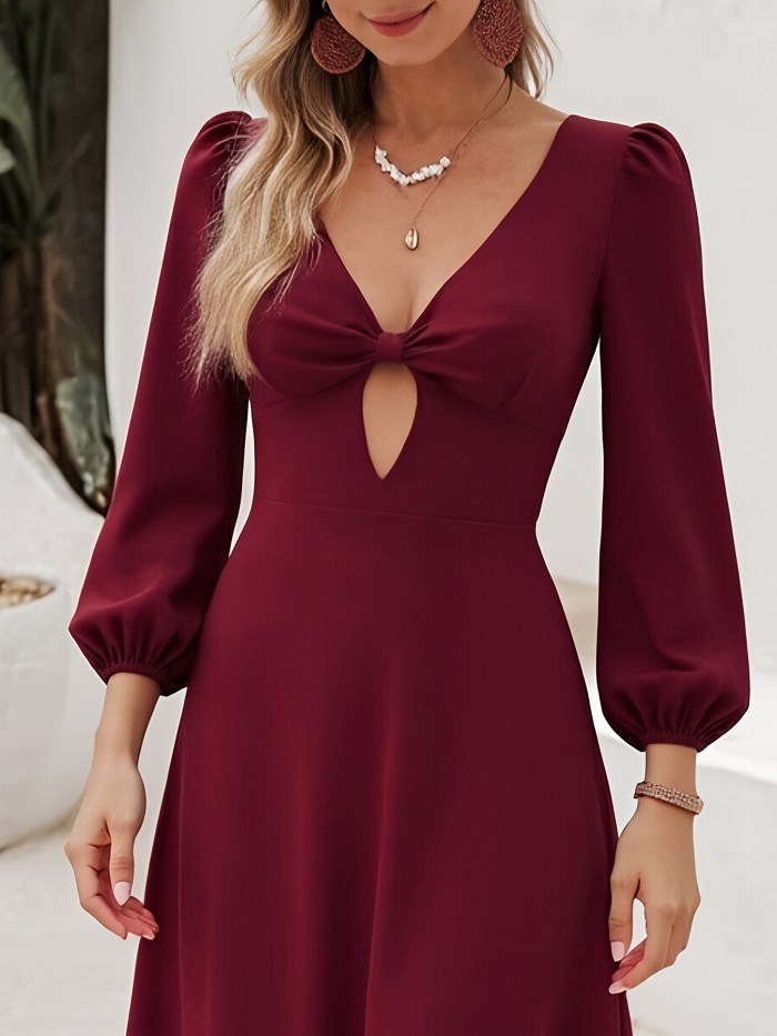 Women's Elegant Burgundy A-Line V-Neck  Long Sleeve Sexy Party Wedding Guest Dress