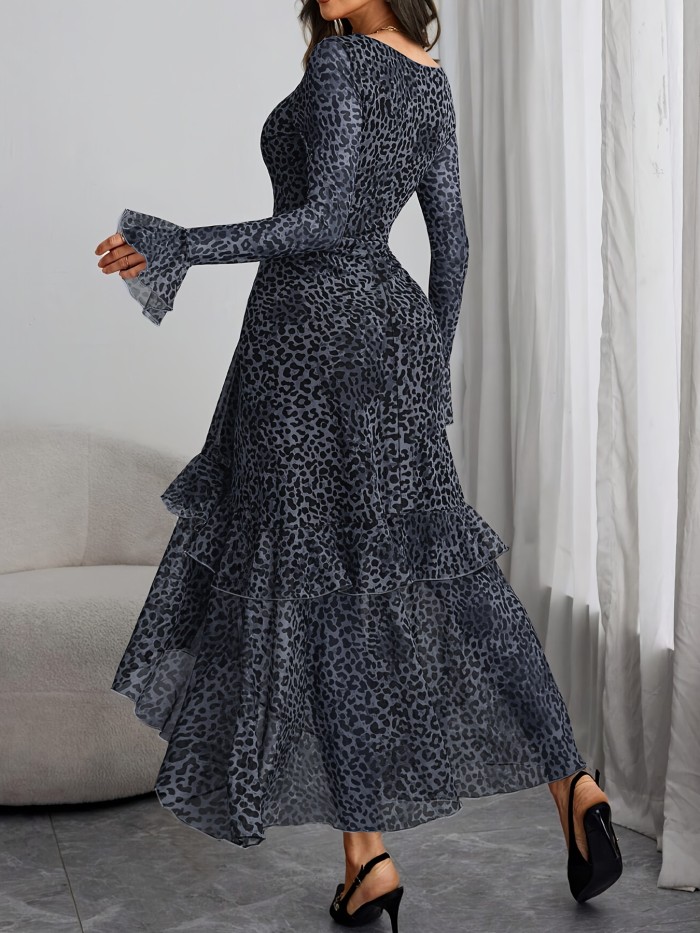 Women's Leopard Print Square Neck Long Dress with Ultra-Long Flared Sleeves & Side Slit