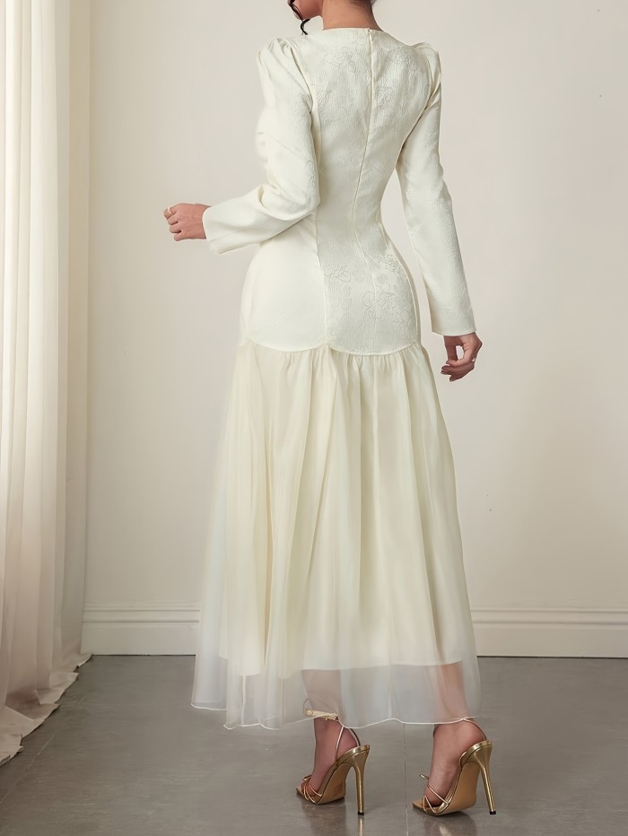 Jacquard Chiffon Dress YT Women's Jacquard Chiffon Dress | Square Neck Long Sleeve Patchwork Mermaid Elegant