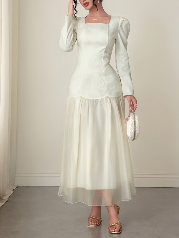 Jacquard Chiffon Dress YT Women's Jacquard Chiffon Dress | Square Neck Long Sleeve Patchwork Mermaid Elegant