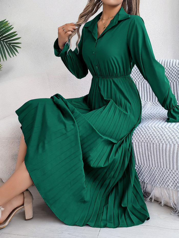 Women'S Elegant Casual Collared Button-Front Long Sleeve A-Line Maxi Dress
