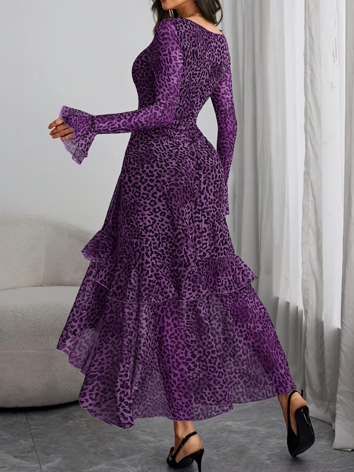 Women's Leopard Print Square Neck Long Dress with Ultra-Long Flared Sleeves & Side Slit