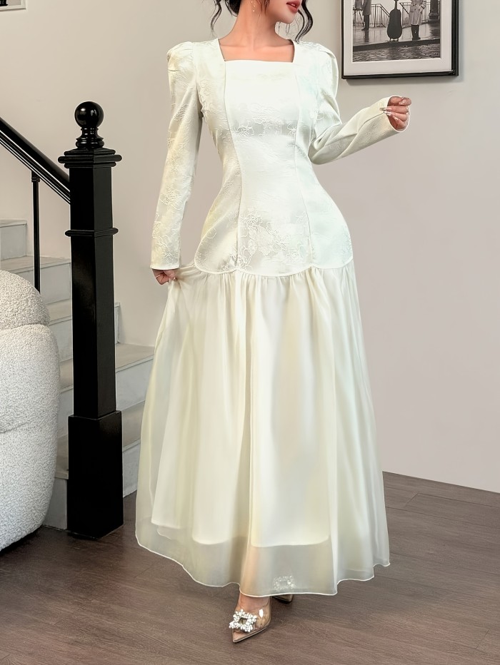 Jacquard Chiffon Dress YT Women's Jacquard Chiffon Dress | Square Neck Long Sleeve Patchwork Mermaid Elegant