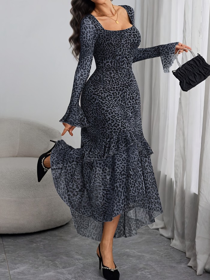 Women's Leopard Print Square Neck Long Dress with Ultra-Long Flared Sleeves & Side Slit