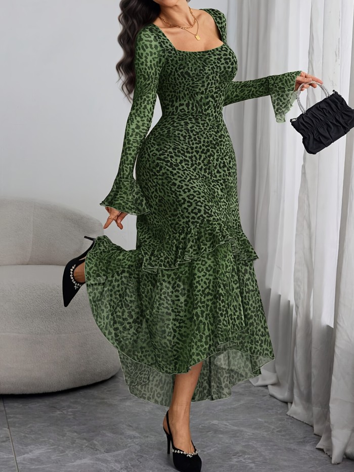 Women's Leopard Print Square Neck Long Dress with Ultra-Long Flared Sleeves & Side Slit