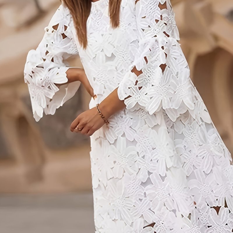 Women'S Floral Lace-Trimmed Casual Round Neck Long Sleeve Dress