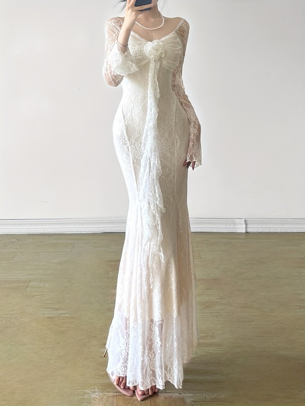 French-Inspired  Square Neck Semi-Sheer Long Sleeve Bodycon Lace Ruffles Dress