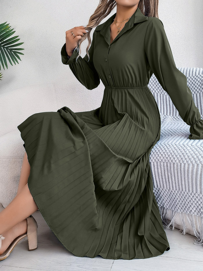 Women'S Elegant Casual Collared Button-Front Long Sleeve A-Line Maxi Dress