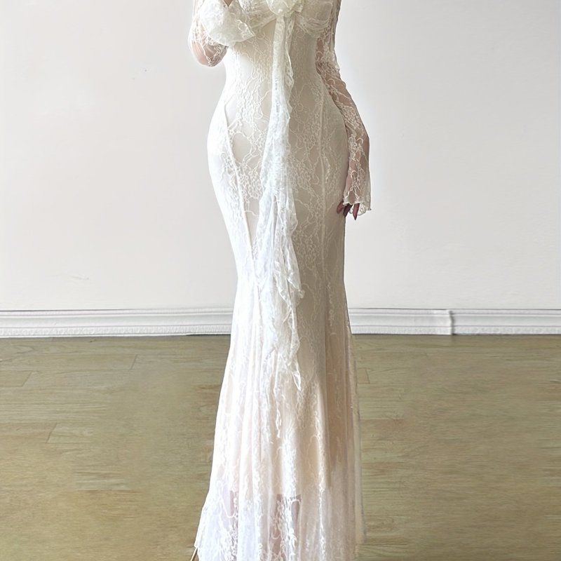 French-Inspired  Square Neck Semi-Sheer Long Sleeve Bodycon Lace Ruffles Dress