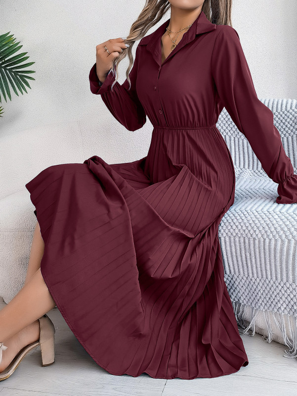 Women'S Elegant Casual Collared Button-Front Long Sleeve A-Line Maxi Dress
