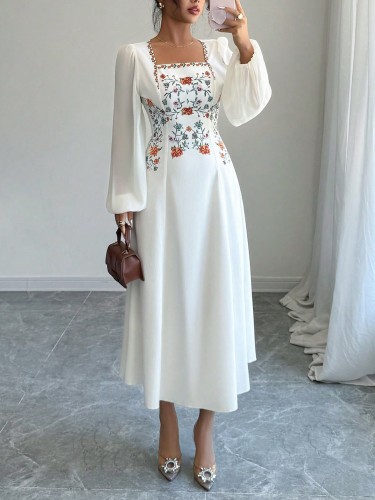 Women's Elegant Floral Square Neckline A-Line Dress
