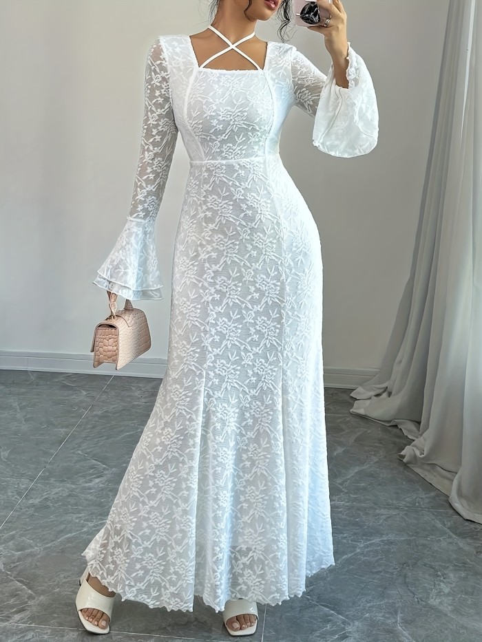 Elegant Mermaid Trumpet Sleeve Square Neck Adjustable Neck Lace Women's Mermaid Dress