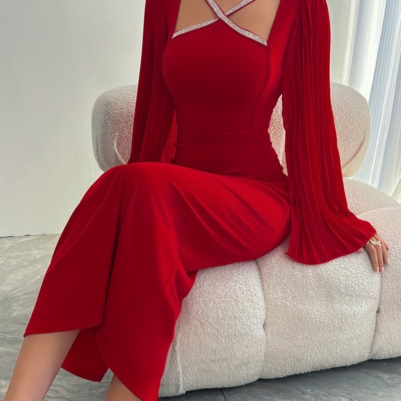 Women Fashionable Solid Color Cross Design Dress, Elegant Evening Party Dress Maxi Women Outfit