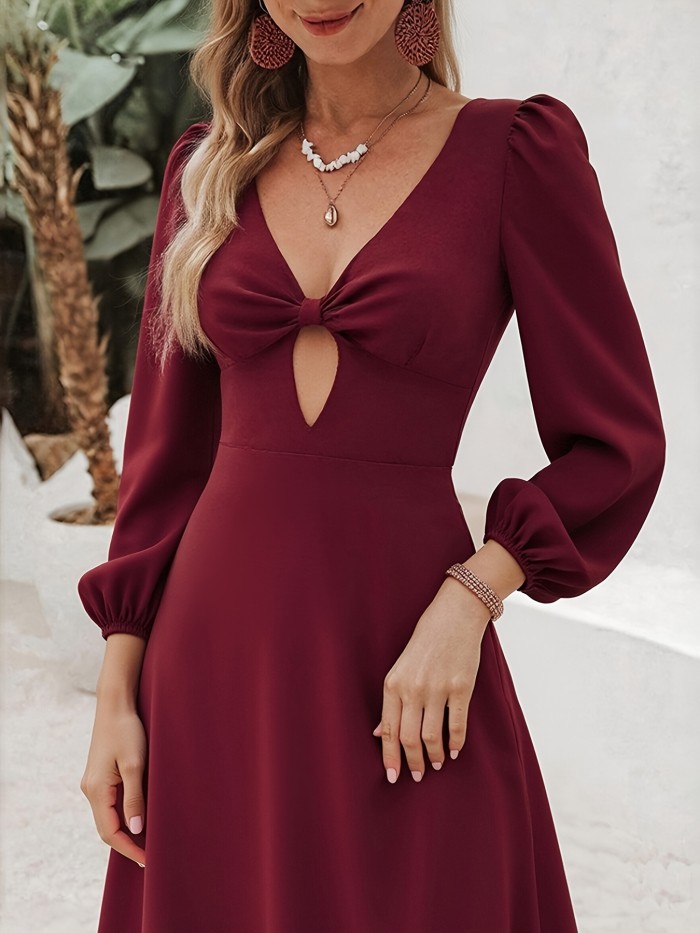 Women's Elegant Burgundy A-Line V-Neck  Long Sleeve Sexy Party Wedding Guest Dress
