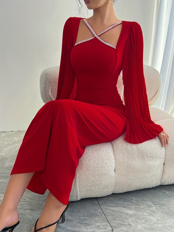 Women Fashionable Solid Color Cross Design Dress, Elegant Evening Party Dress Maxi Women Outfit