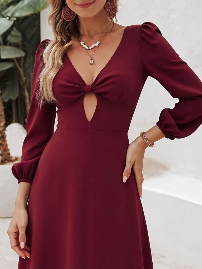 Women's Elegant Burgundy A-Line V-Neck  Long Sleeve Sexy Party Wedding Guest Dress