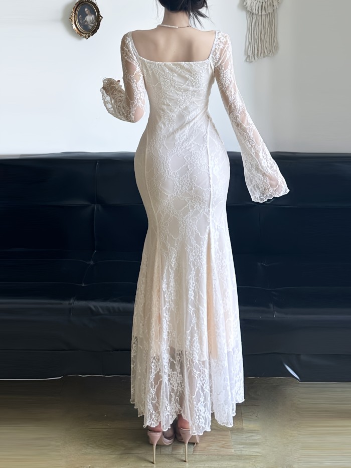 French-Inspired  Square Neck Semi-Sheer Long Sleeve Bodycon Lace Ruffles Dress