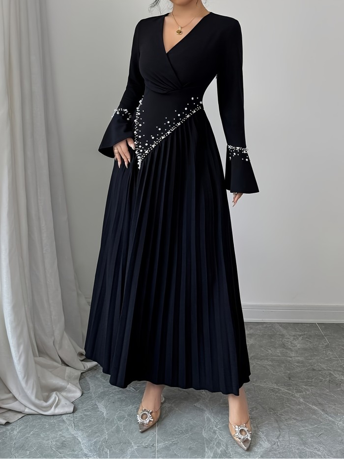 Ruched Pearl-Embellished Long Sleeve V-Neck Fitted A-Line Elegant Romantic Date Dress for Women