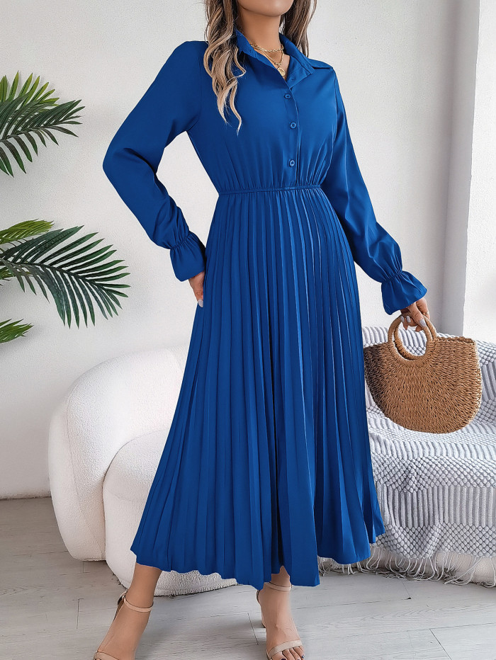 Women'S Elegant Casual Collared Button-Front Long Sleeve A-Line Maxi Dress