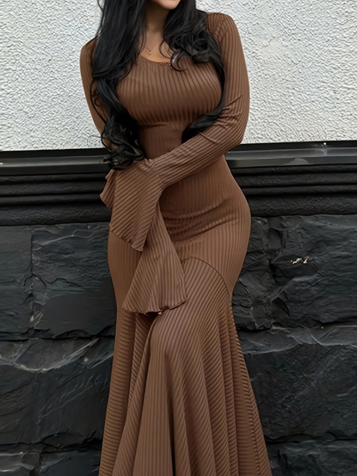 Flared Sleeve Mermaid Dress Flared Sleeve Mermaid Dress | Round Neck Solid Color Style