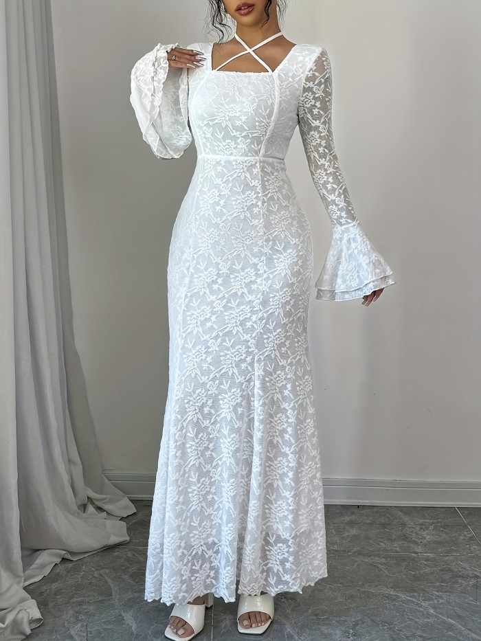 Elegant Mermaid Trumpet Sleeve Square Neck Adjustable Neck Lace Women's Mermaid Dress