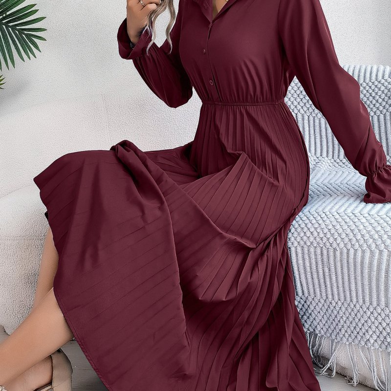 Women'S Elegant Casual Collared Button-Front Long Sleeve A-Line Maxi Dress