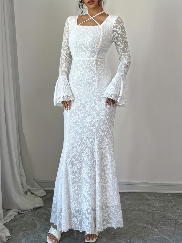 Elegant Mermaid Trumpet Sleeve Square Neck Adjustable Neck Lace Women's Mermaid Dress
