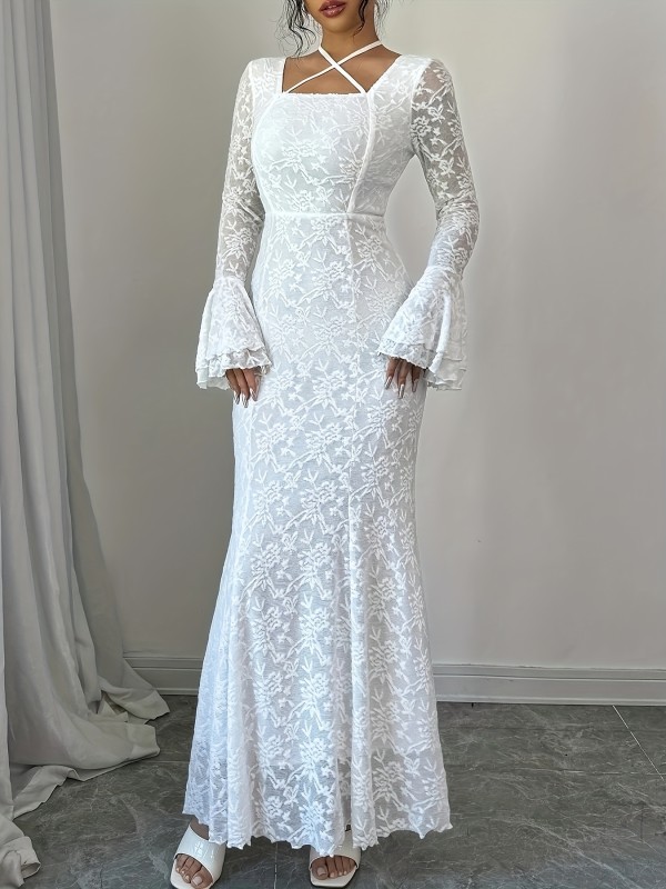 Elegant Mermaid Trumpet Sleeve Square Neck Adjustable Neck Lace Women's Mermaid Dress