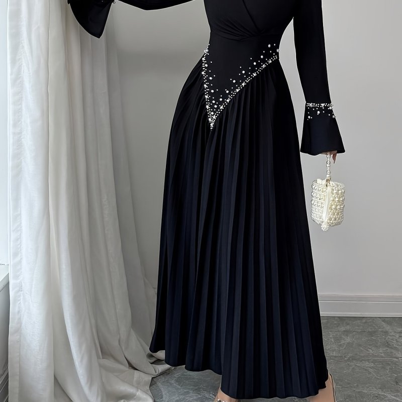 Ruched Pearl-Embellished Long Sleeve V-Neck Fitted A-Line Elegant Romantic Date Dress for Women