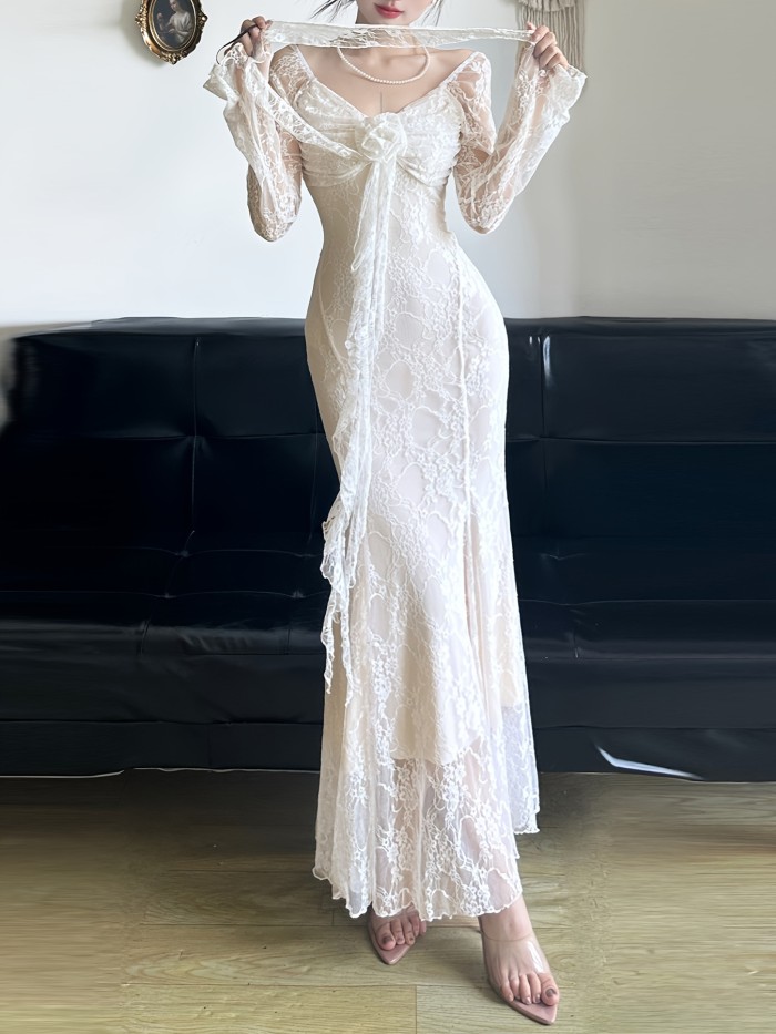 French-Inspired  Square Neck Semi-Sheer Long Sleeve Bodycon Lace Ruffles Dress