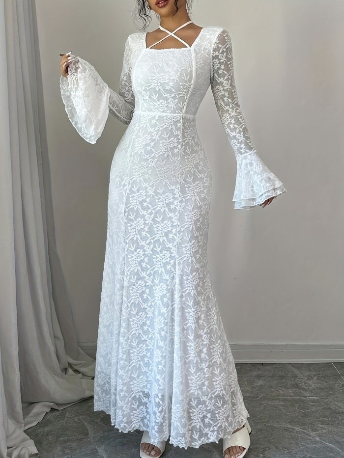 Elegant Mermaid Trumpet Sleeve Square Neck Adjustable Neck Lace Women's Mermaid Dress