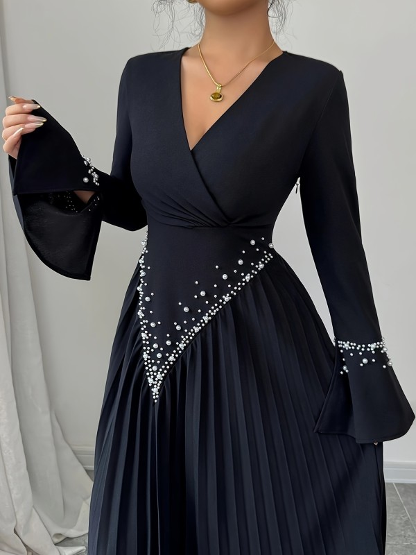 Ruched Pearl-Embellished Long Sleeve V-Neck Fitted A-Line Elegant Romantic Date Dress for Women