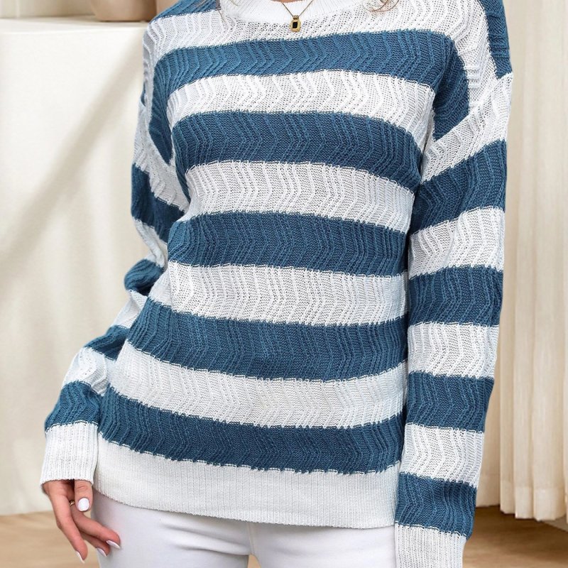 Women'S Elegant Blue & White Striped Oversized  Long Sleeve Round Neck Pullover Sweater