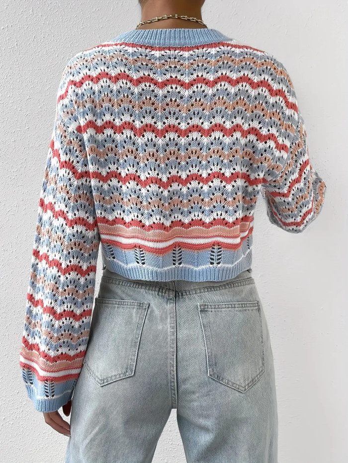 Women's Color Block Soft Warm Long Sleeve Round Neck Pullover Sweater