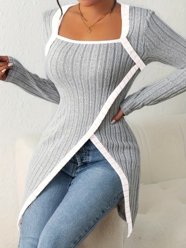 Elegant Square Neck Long Sleeve T-Shirt with Color Block Design and Side Slit - Knit Fabric, 92% Polyester 8% Elastane, All Seasons